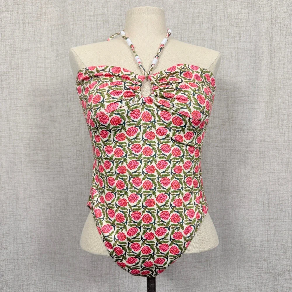 RHODE Kanika Swimsuit One Piece Floral Beaded Halter Size L $250 MSRP Resortwear